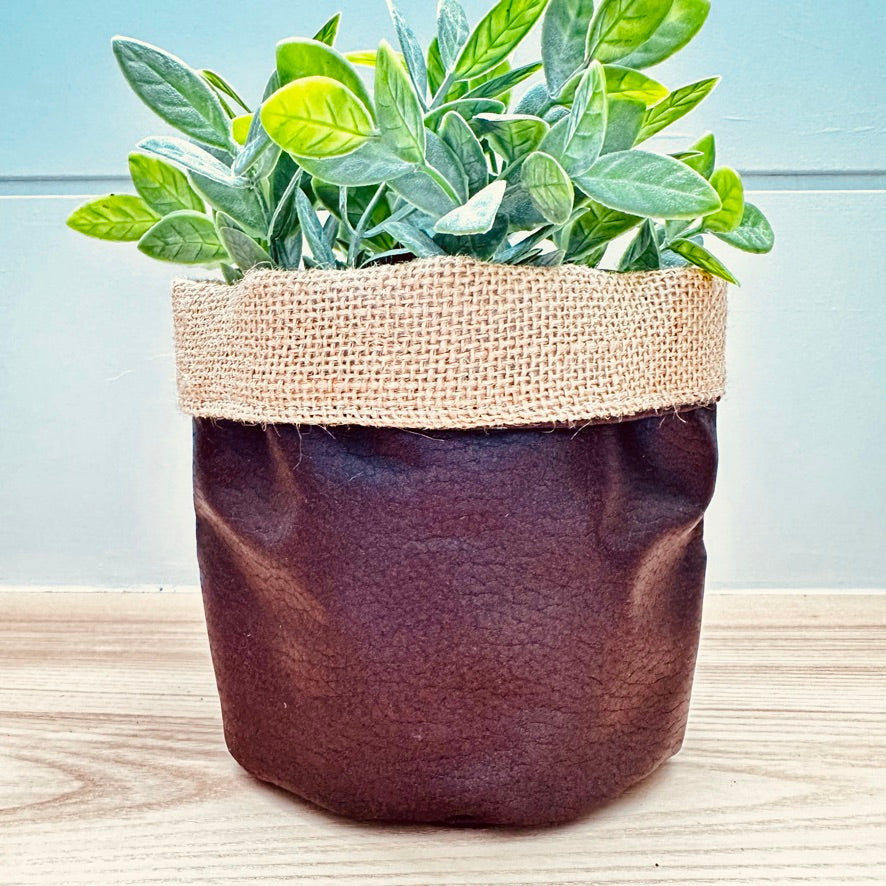 4" Mahogany Leather Cuffed Plant Pot Cover
