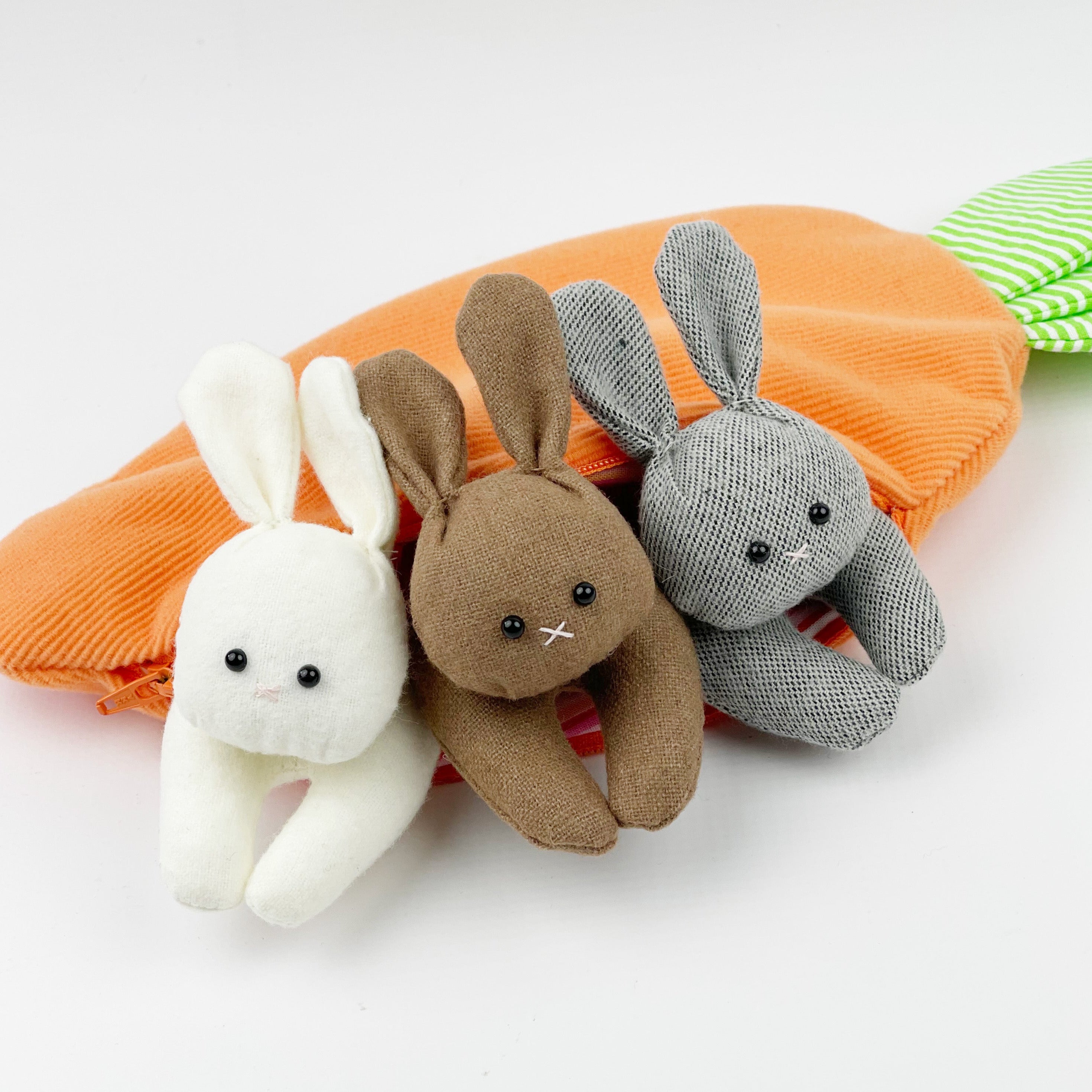 Bitty Bunnies - sample mini bunnies in a carrot pouch vintage fabric