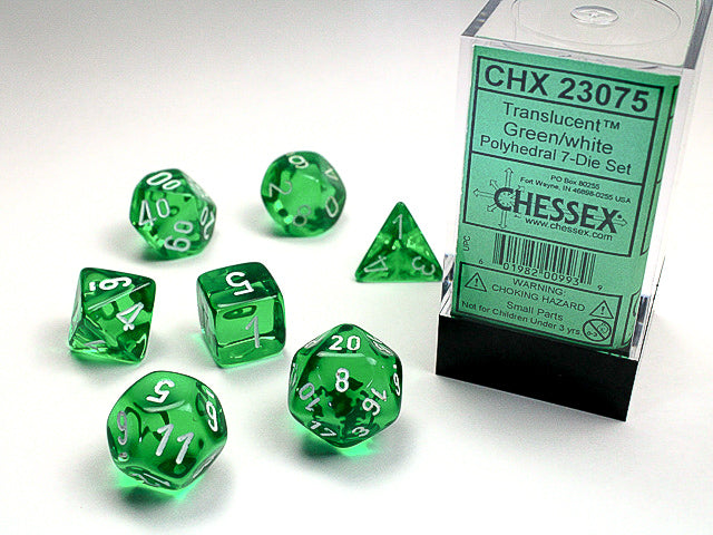 Chessex 7ct Translucent Green/White Dice Set