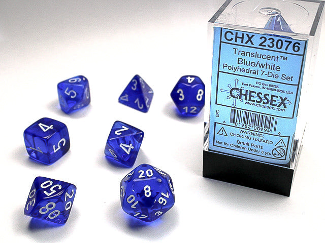 Chessex 7ct Translucent Blue/White Dice Set