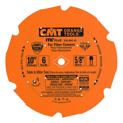 CMT 10" X 5/8" Arbor 6 Tooth Cement Board Blade