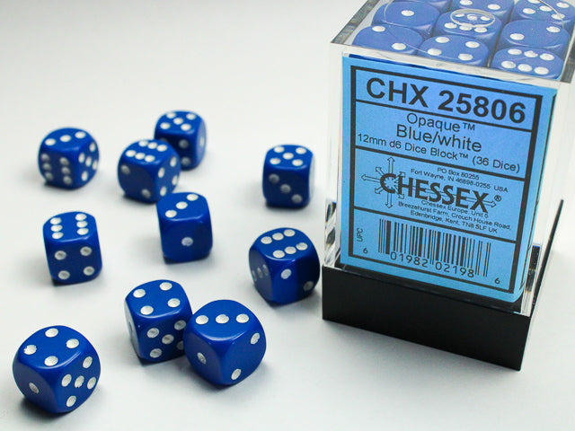 Chessex 36ct Blue / White Opaque D6 Dice