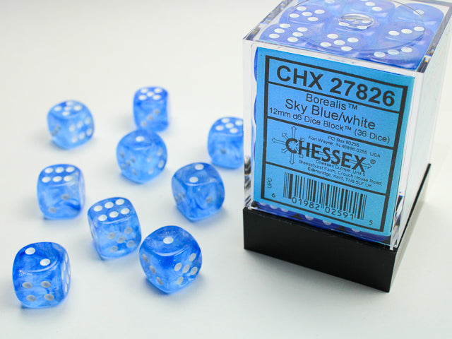 Chessex 36ct Sky Blue w/white Borealis D6 Dice