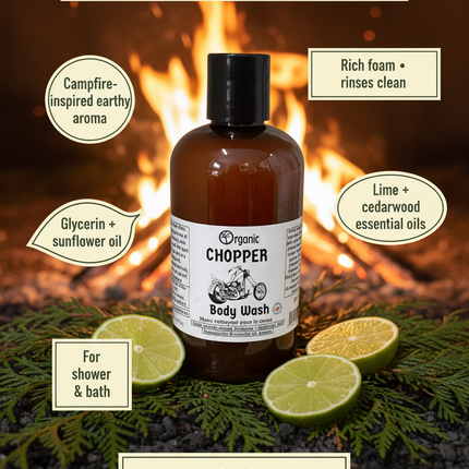 Chopper Body Wash. alluring aroma by the campfire in the woods