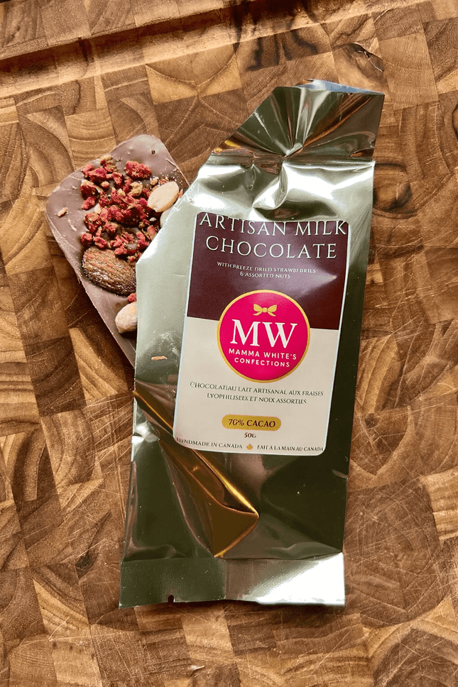 Milk chocolate bar with freeze dried strawberries & nuts - Just Simcoe