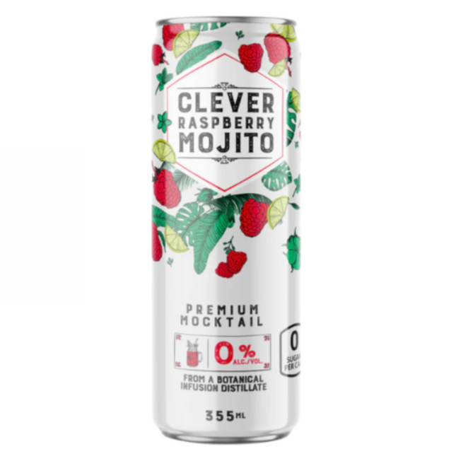 Clever Raspberry Mojito can featuring fresh raspberries and mint, alcohol-free, zero sugar, premium mocktail, 355ml.