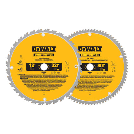 DeWalt 12" Miter Saw Blade, Crosscutting, Tungsten Carbide, 80-Tooth, 2 Pack