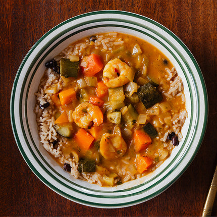 Caribbean Jump up Shrimp and Vegetable Stew with Rice and Beans