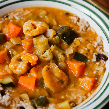 Caribbean Jump up Shrimp and Vegetable Stew with Rice and Beans