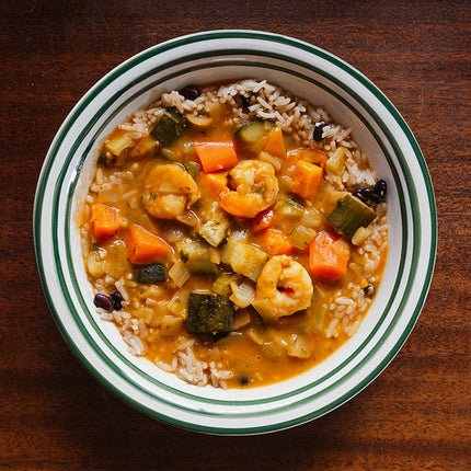 Caribbean Jump up Shrimp and Vegetable Stew with Rice and Beans