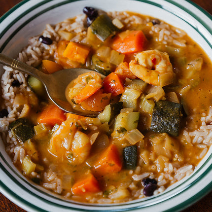Caribbean Jump up Shrimp and Vegetable Stew with Rice and Beans