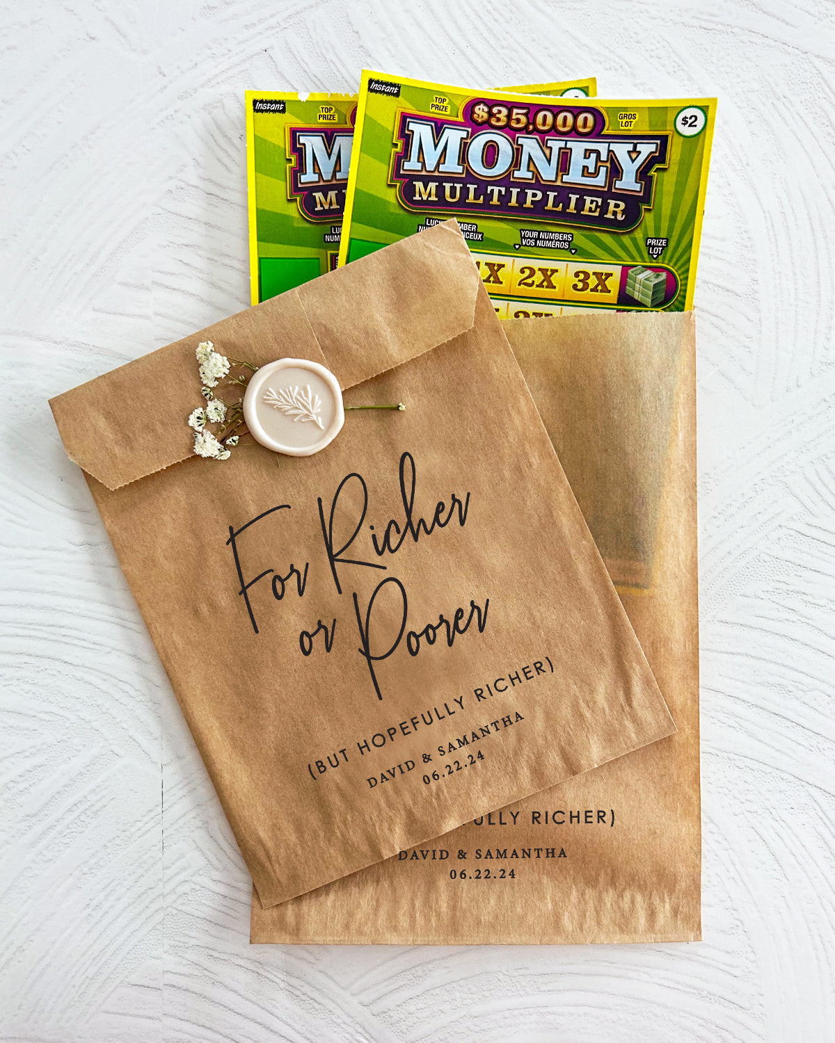 For Richer or Poorer | Lotto Ticket Favour Bags + Wax Seals