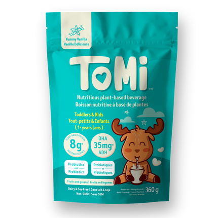 TOMI Yummy Vanilla plant-based nutritional drink for kids in 360g stand-up pouch – dairy-free, soy-free, gluten-free, no added sugar