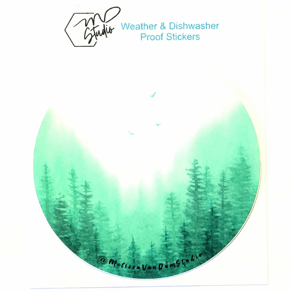 "Misty Pines" Circle Sticker 75mm Weather + Dishwasher Safe