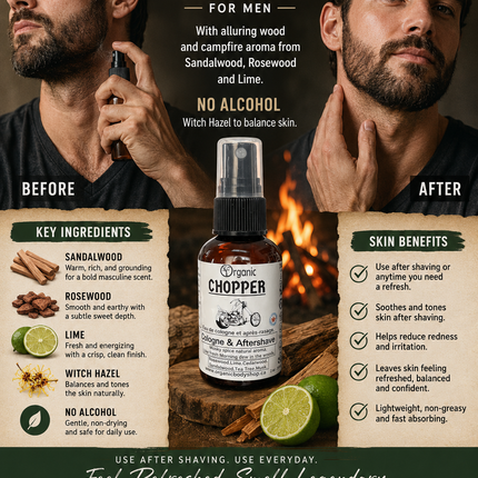 Chopper Cologne Aftershave. Alluring aroma of camping by the fire.