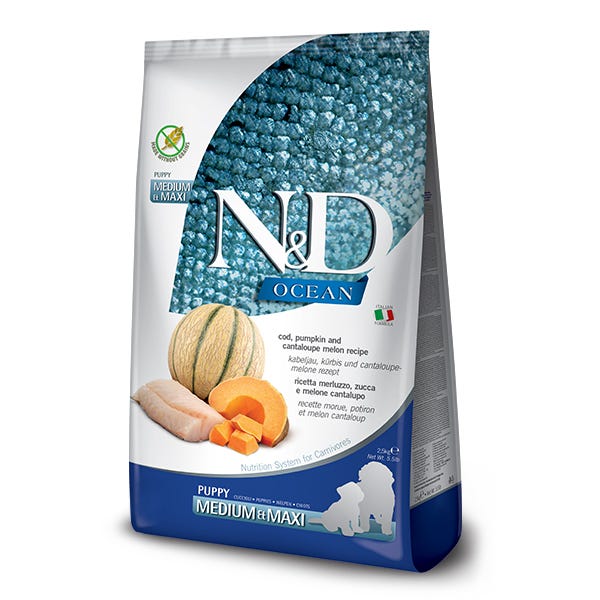 Farmina Natural & Delicious Ocean Canine Puppy Medium & Maxi Dog Food Formula - Cod, Pumpkin and Cantaloupe Melon