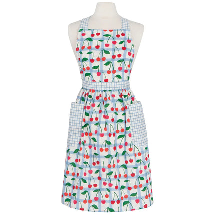 Apron with cherry pattern on a mannequin against a white background