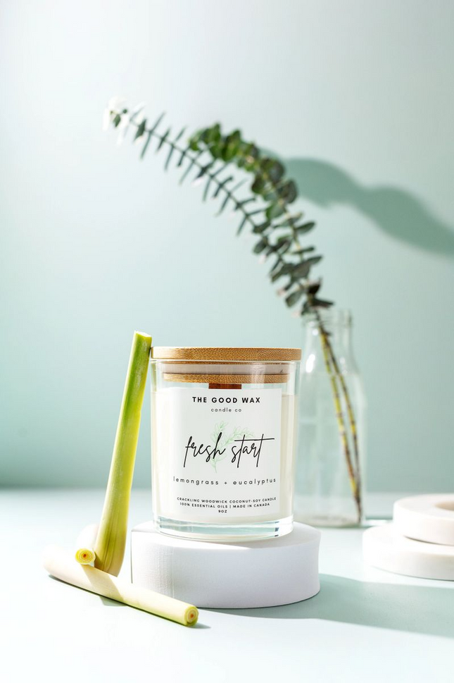 "fresh start" eucalyptus + lemongrass essential oil candle