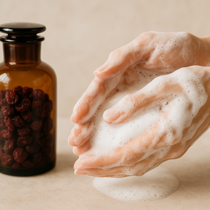 washing-hand-with-foam-soap-with-dried cranberries-in-amber-bottle